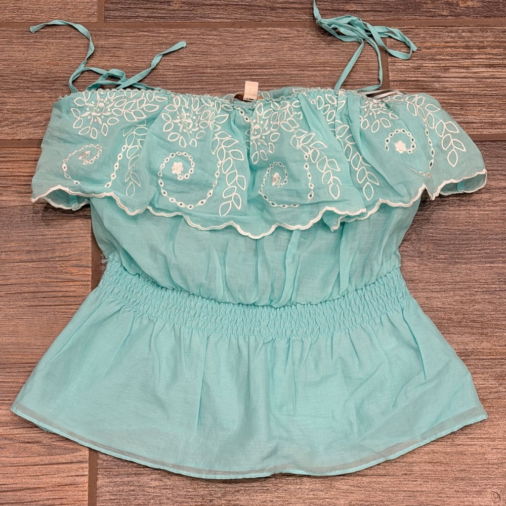Guess sleeveless embroidered eyelet top with self-tie shoulder straps